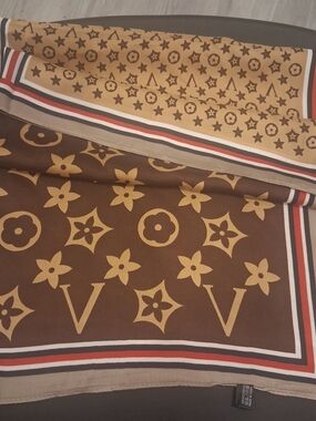 Brown and Tan Monogram Silk Scarf